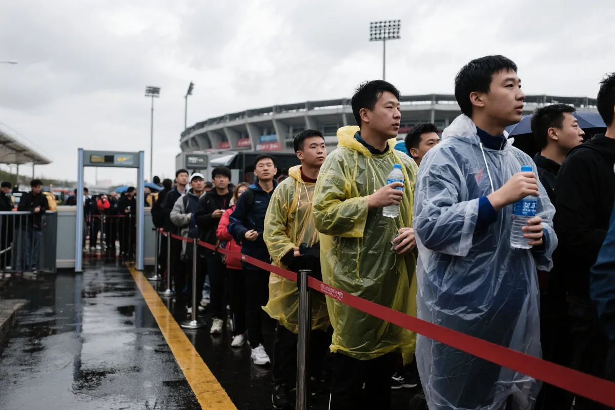 球迷在球场外排队，手持雨衣与水瓶，夏季云层与阳光交替