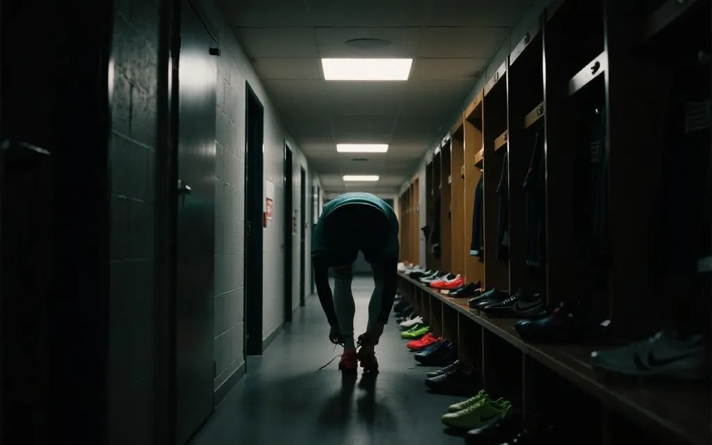 更衣室或球员背影的安静时刻，象征告别与传承