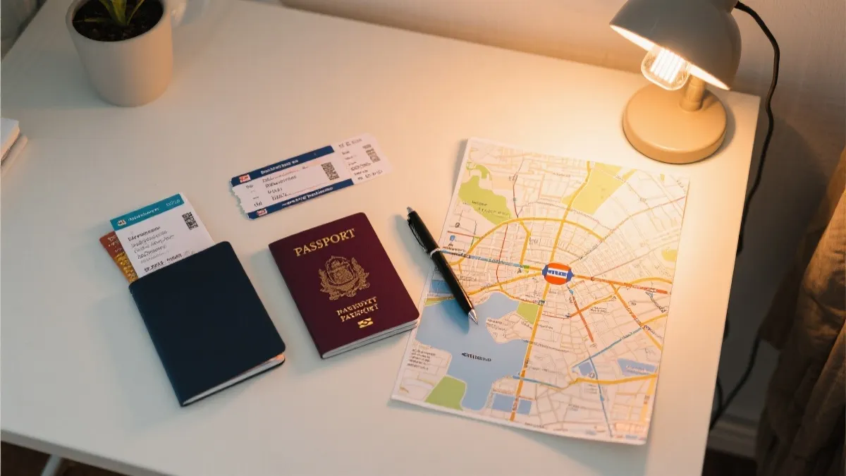 世界杯观赛旅行的收纳与路线规划意象图：机票、球票、地铁线路与城市地图