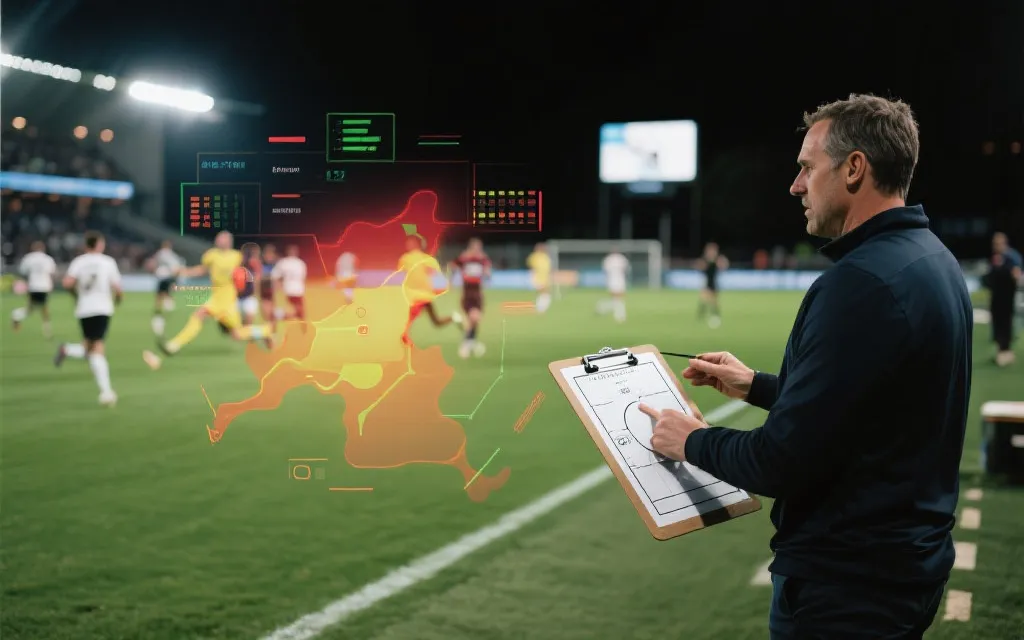 教练战术板与球场跑动热区的视觉示意