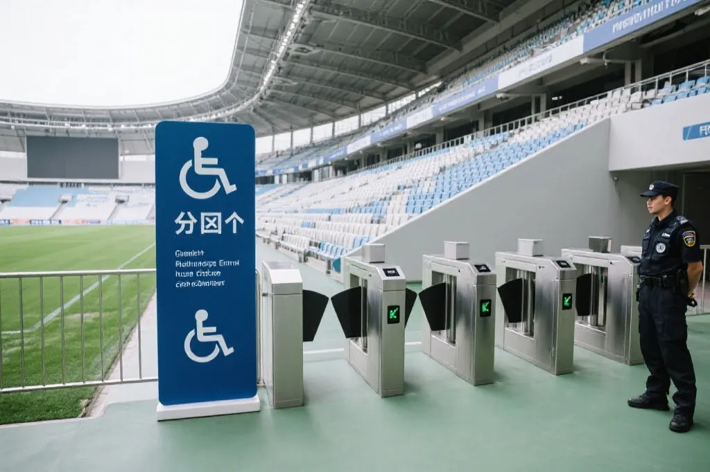 球场内清晰的分区指示牌、无障碍通道与安检闸机
